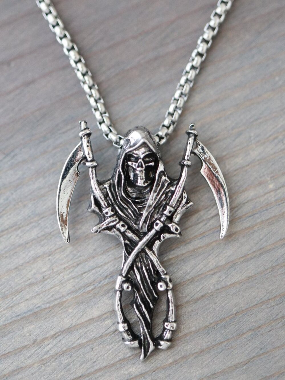 Grim Reaper Double Grapnel Gothic Style Pendant Necklace Silver Plated